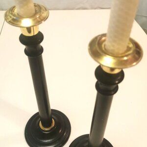 Black Turned Wood & Brass Candlestick Holders Pair | C. 1950s England Tall 13.5"